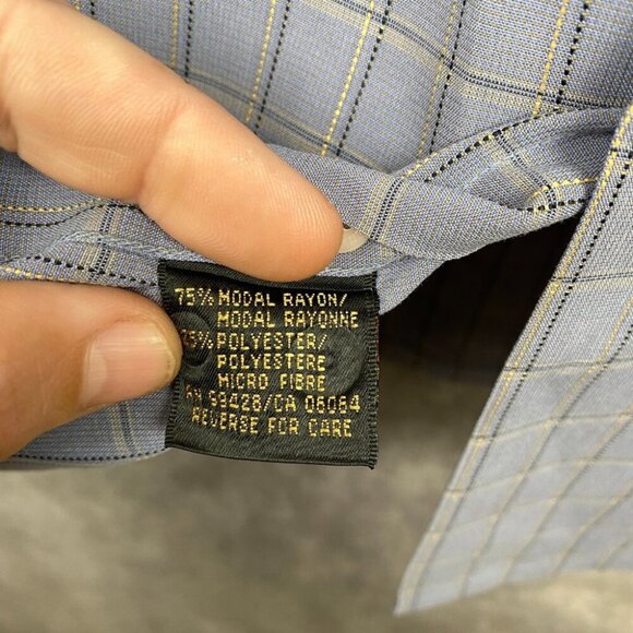 BUGATCHI Button Front Shirt Men Large Blue Plaid Hidden Button Collar Rayon/Poly - Picture 8 of 11